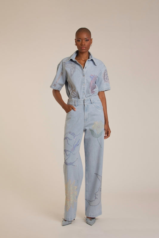 Crystal Embellished Light Denim Top