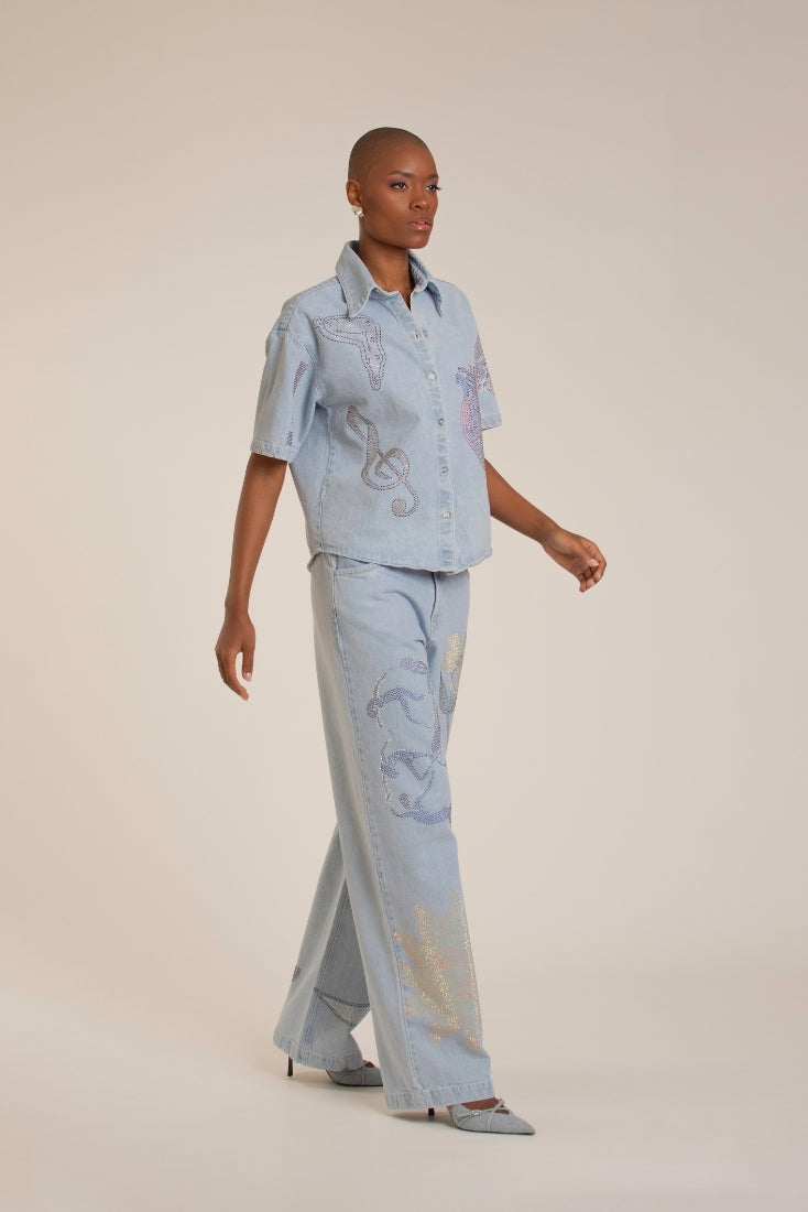 Crystal Embellished Light Denim Pants