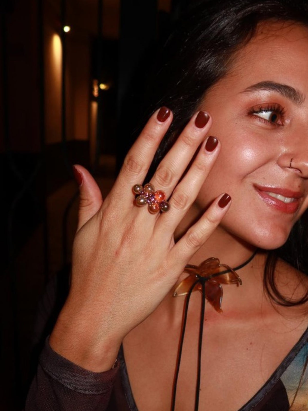 VOLD purple glass bubble rings worn at night with a mesh top