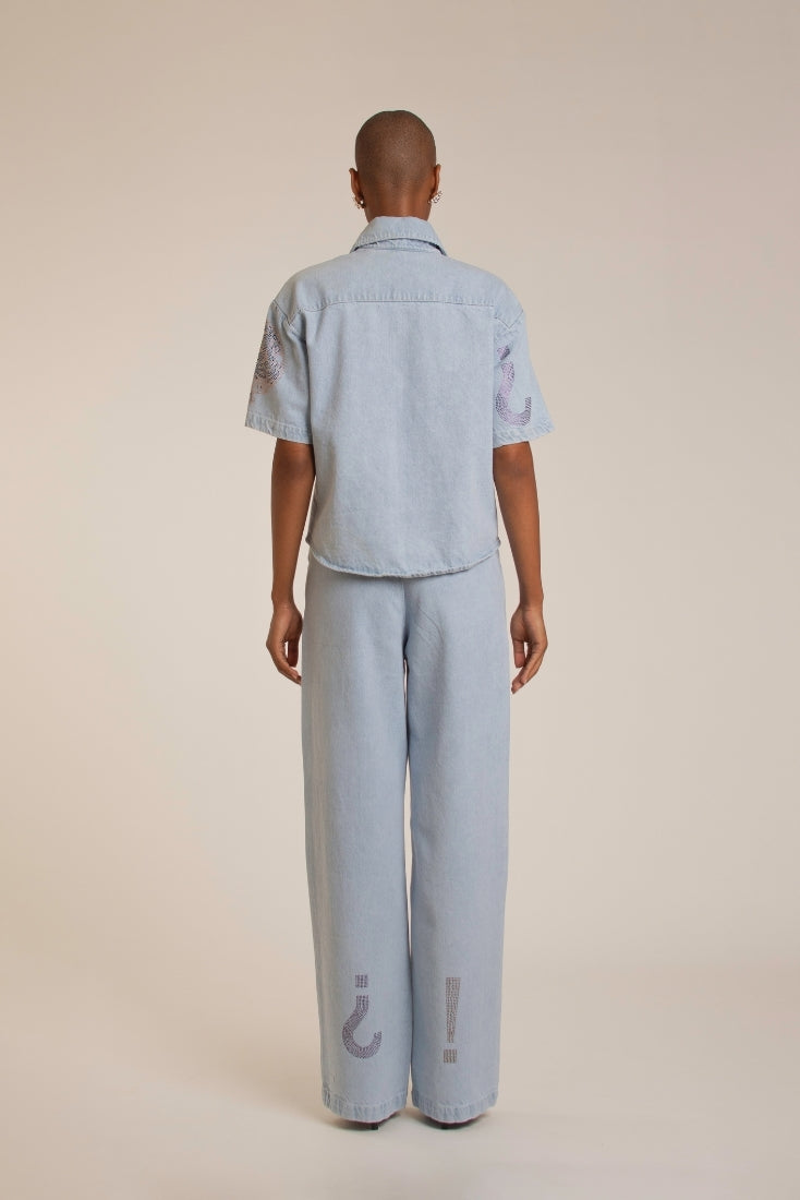 Crystal Embellished Light Denim Top