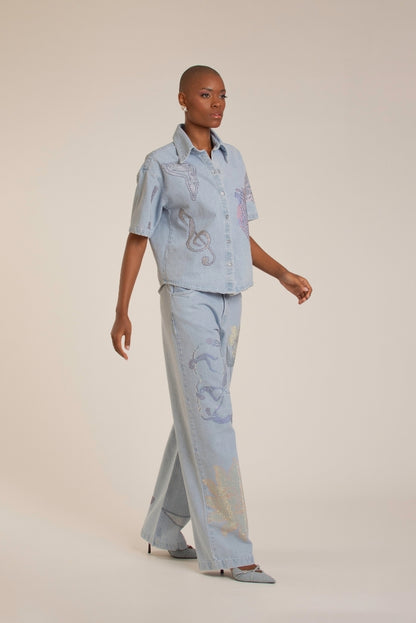 Crystal Embellished Light Denim Top
