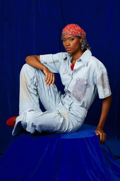 Crystal Embellished Light Denim Top