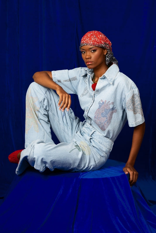 Crystal Embellished Light Denim Top