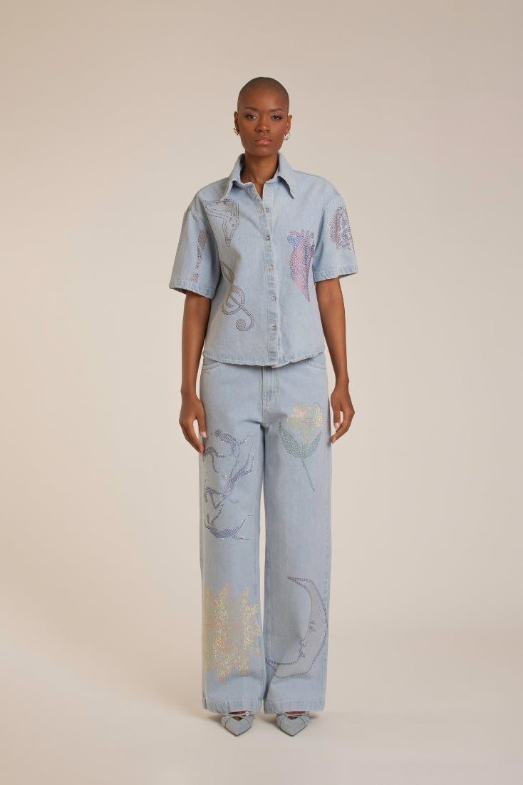 Crystal Embellished Light Denim Pants