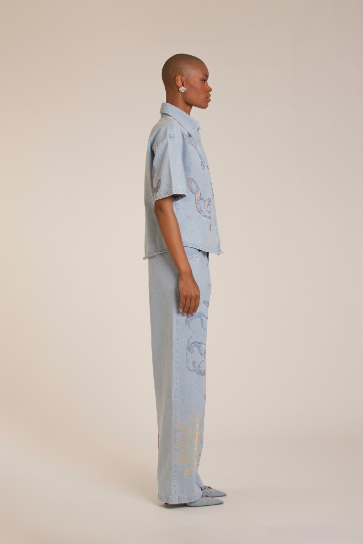 Crystal Embellished Light Denim Pants