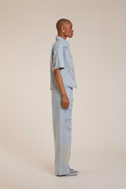 Crystal Embellished Light Denim Pants