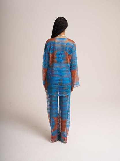 Back view of the blue Isla mesh set by Bahama Mama, studio shot