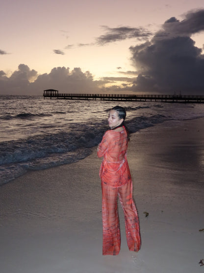Red Isla mesh set by Bahama Mama on the beach at sunset