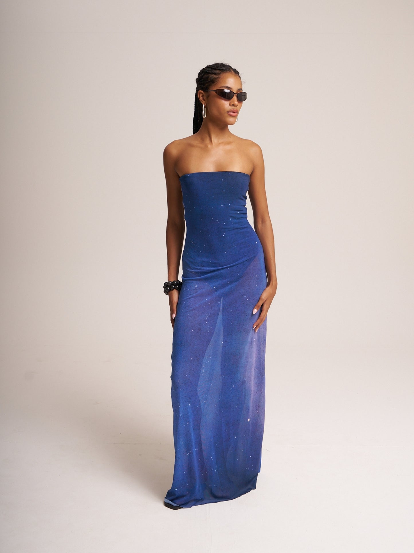 Nocturna Dress by Bahama Mama: a long strapless blue mesh dress with a built-in bodysuit, studio front view