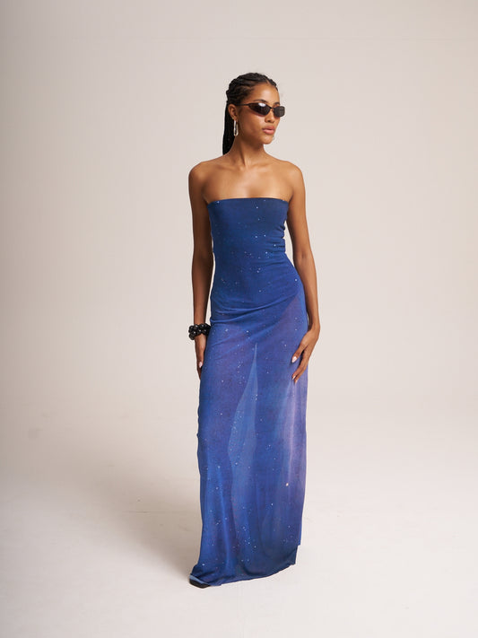 Nocturna Dress by Bahama Mama: a long strapless blue mesh dress with a built-in bodysuit, studio front view