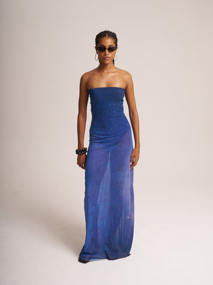 Nocturna strapless mesh dress by Bahama Mama, studio shot at a three-quarter angle