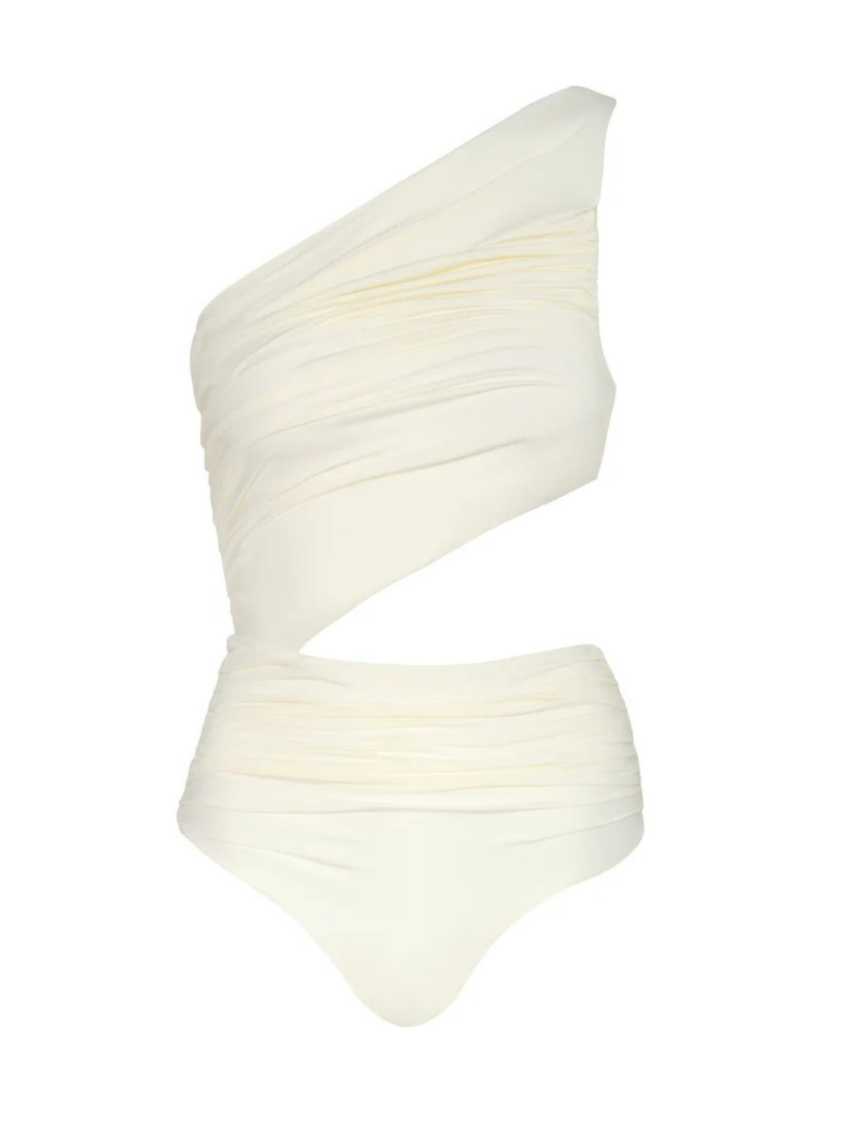 Ivory Diana one-piece swimsuit by Encantadore photographed on white, showing the draped front