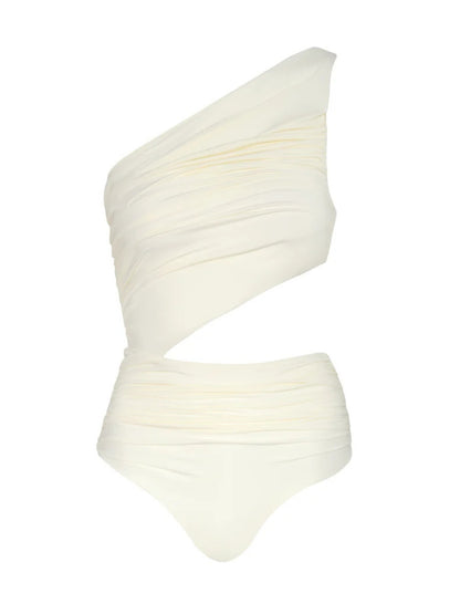 Ivory Diana one-piece swimsuit by Encantadore photographed on white, showing the draped front