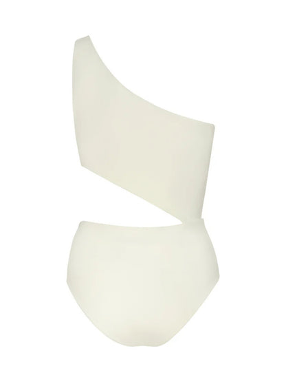 Product shot of the Diana Ivory one-shoulder swimsuit by Encantadore with its asymmetric cut-out