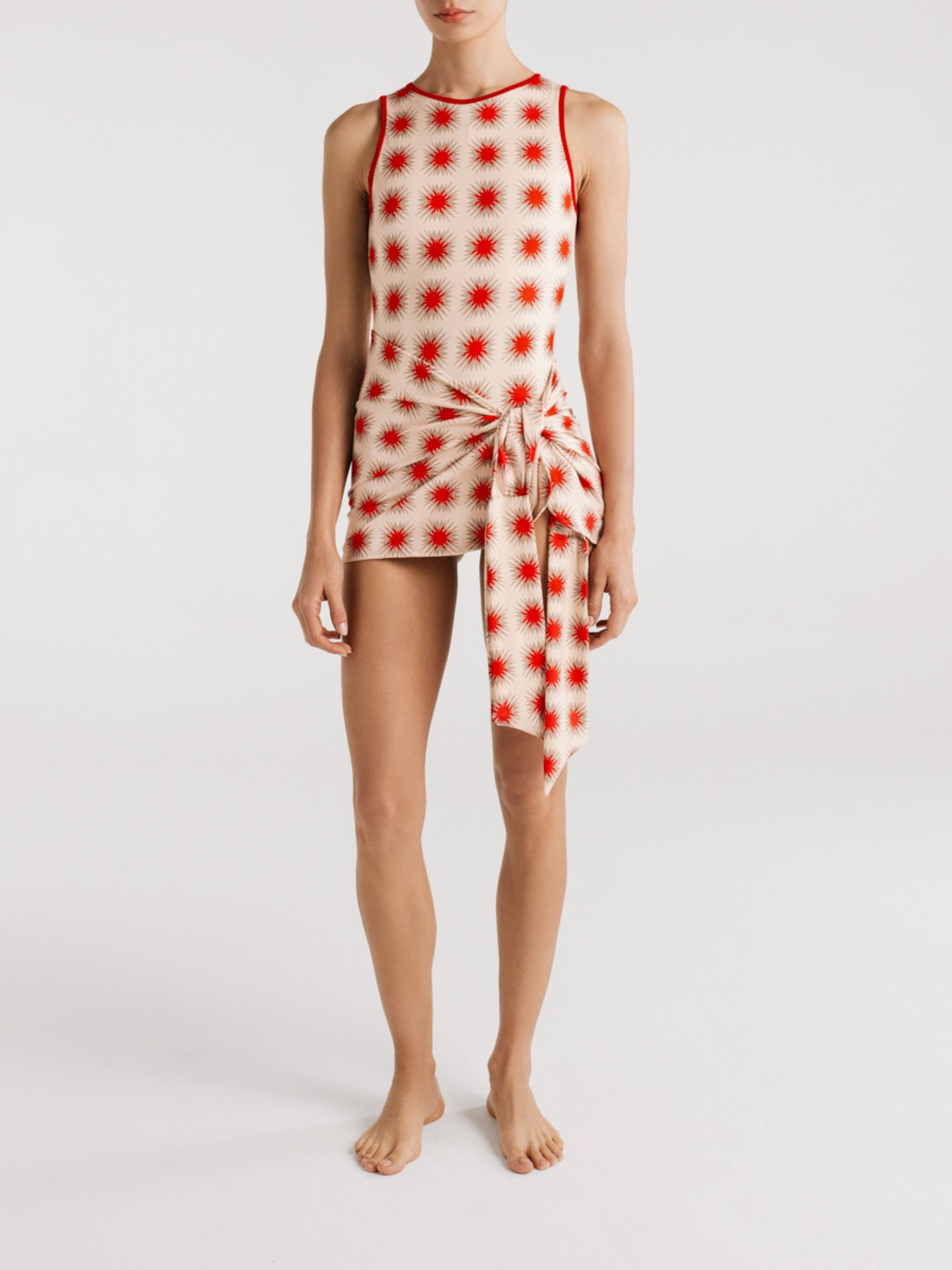 Star Red print tank and wrap skirt by Encantadore, studio view