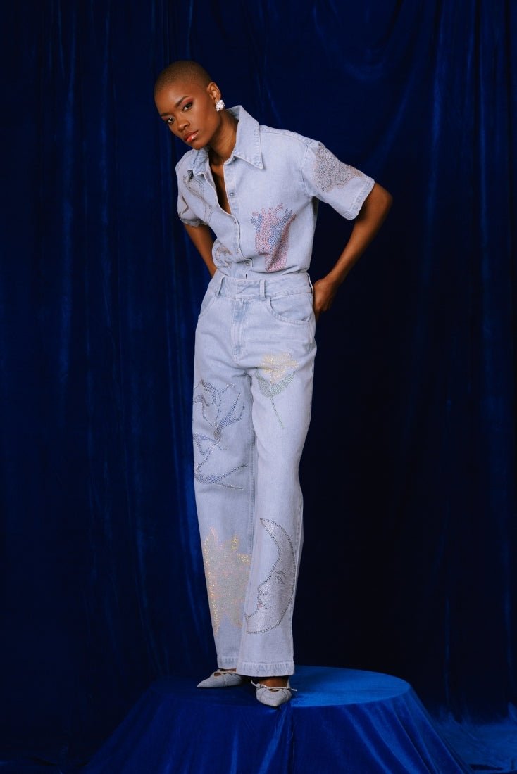 Crystal Embellished Light Denim Pants