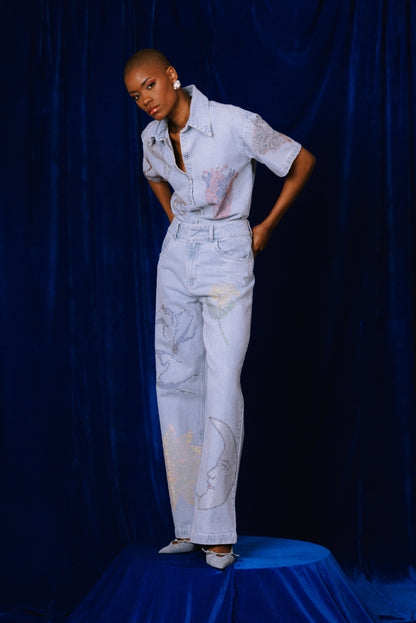 Crystal Embellished Light Denim Pants