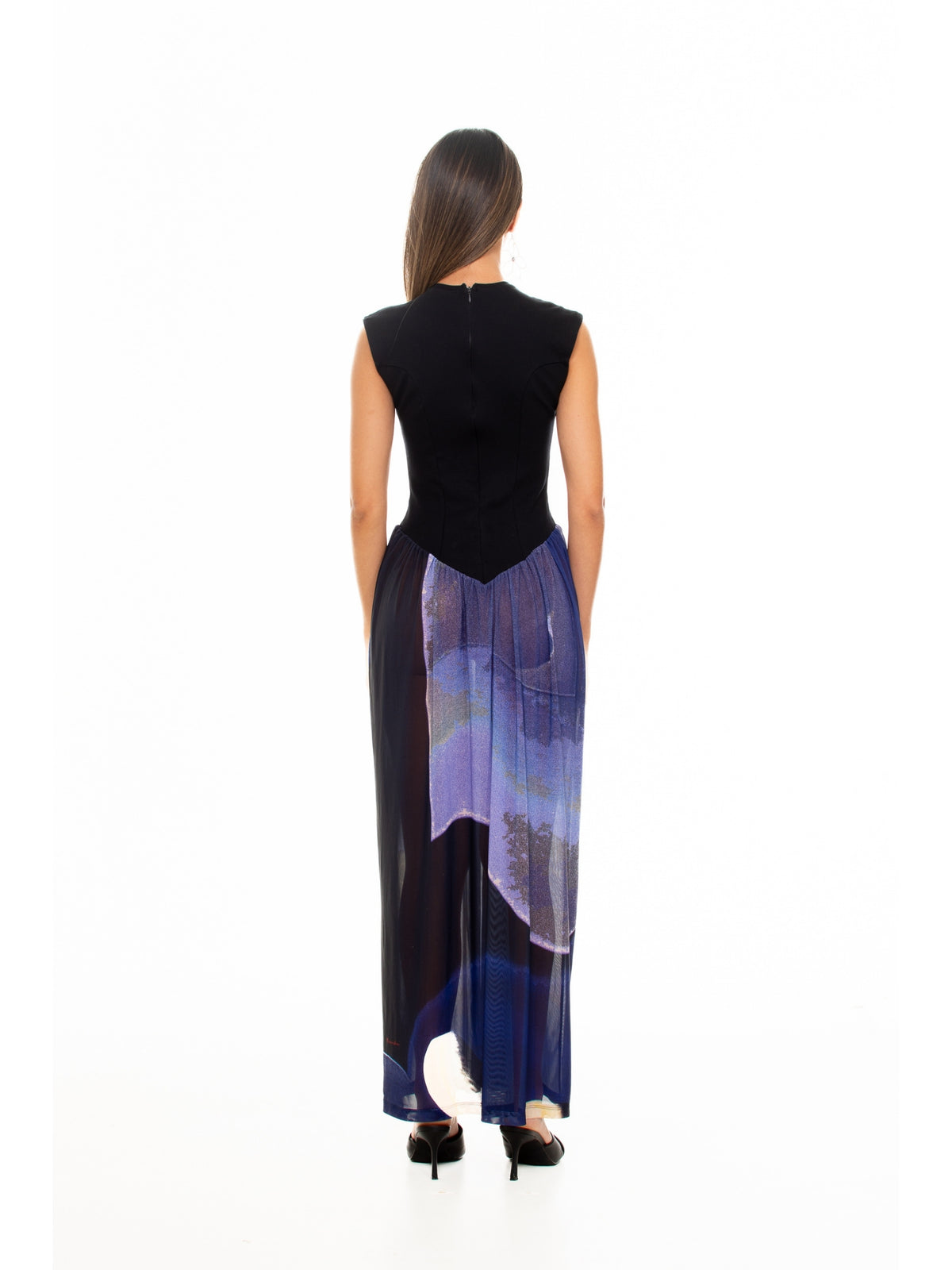 Back view of the Macondia Diving sundress with its printed blue sheer skirt