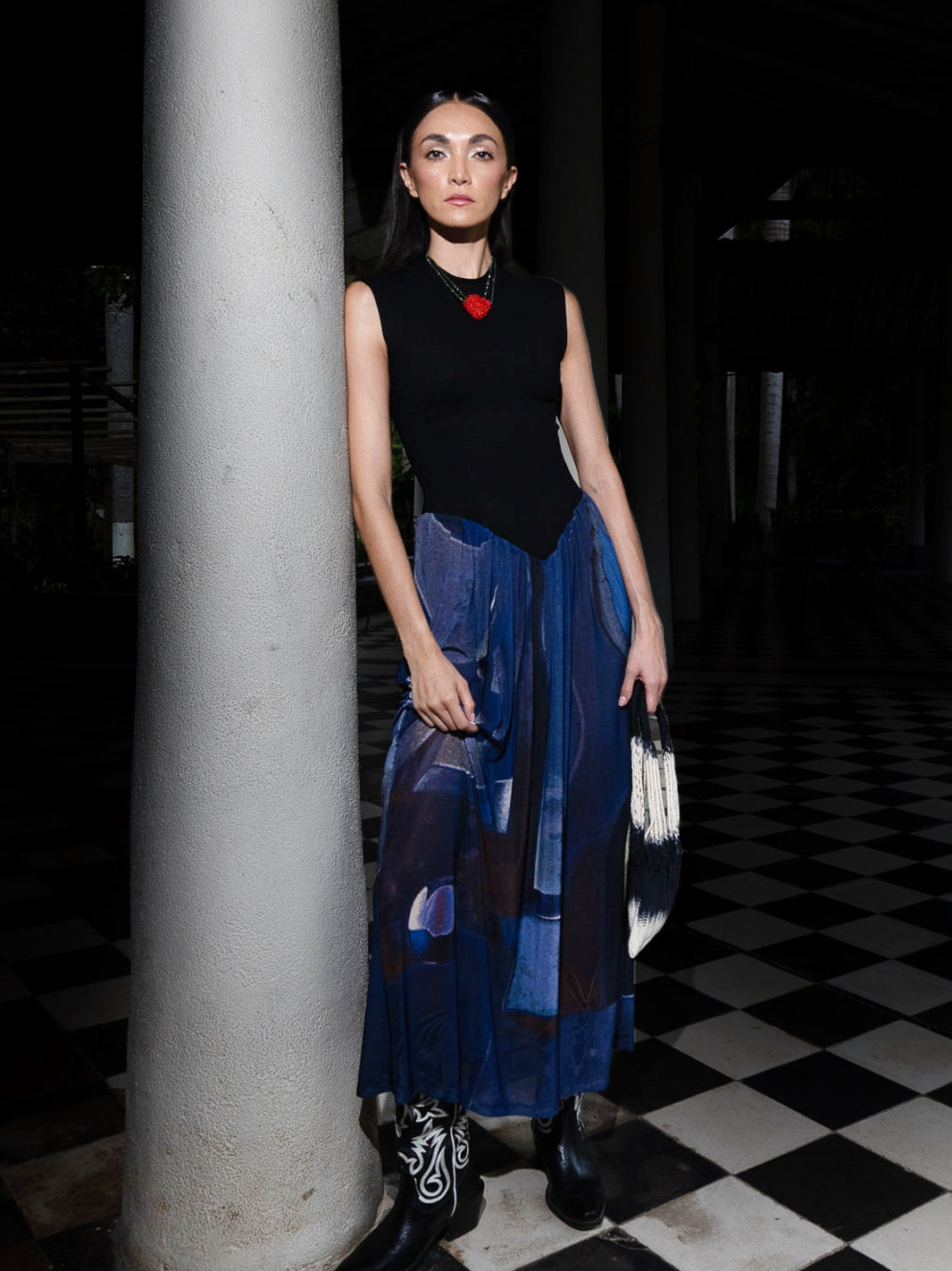 Diving New Sundress by MACONDIA: black bodice with a printed blue sheer skirt