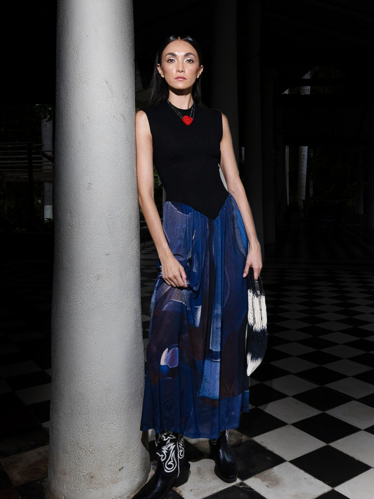Diving New Sundress by Macondia: black bodice with a printed blue sheer skirt