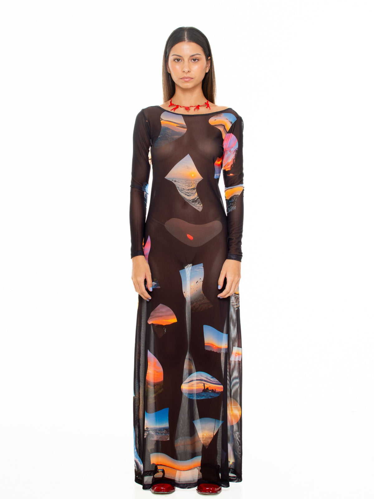 Studio front view of the Sunsets Mesh Long Dress by Macondia with its sunset print