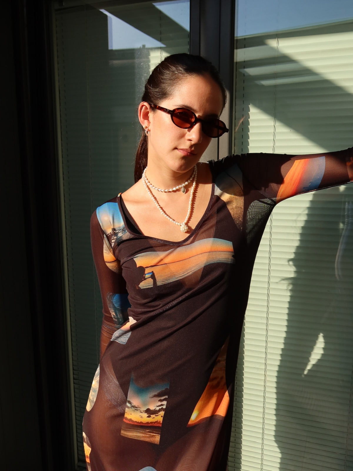 The Sunsets printed mesh dress by Macondia worn in profile against a window