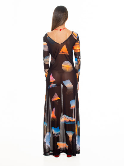 Back view of the Sunsets printed mesh maxi dress by Macondia