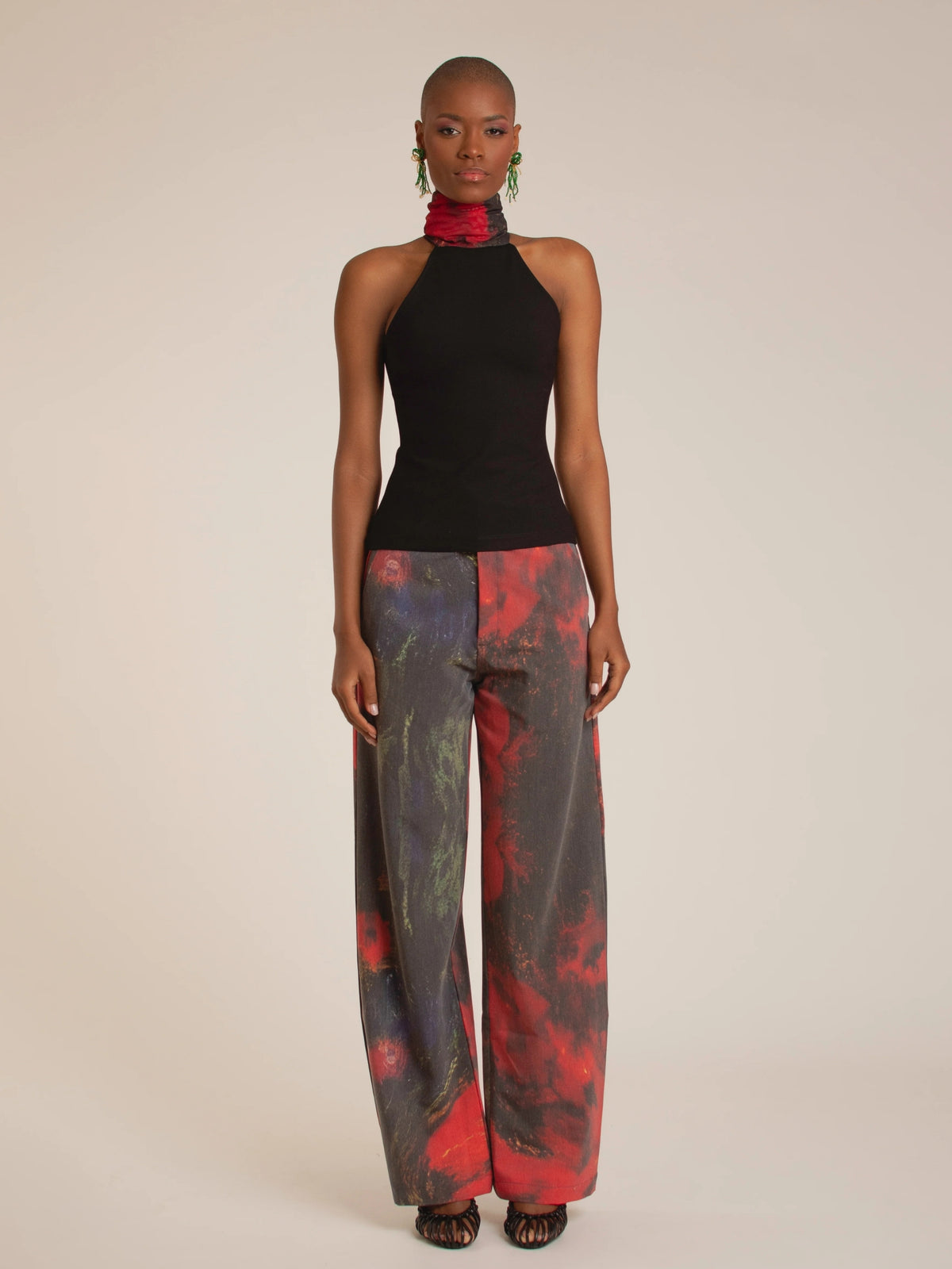 Red Roses Straight-Leg Pants by Macondia in a painterly red and grey print