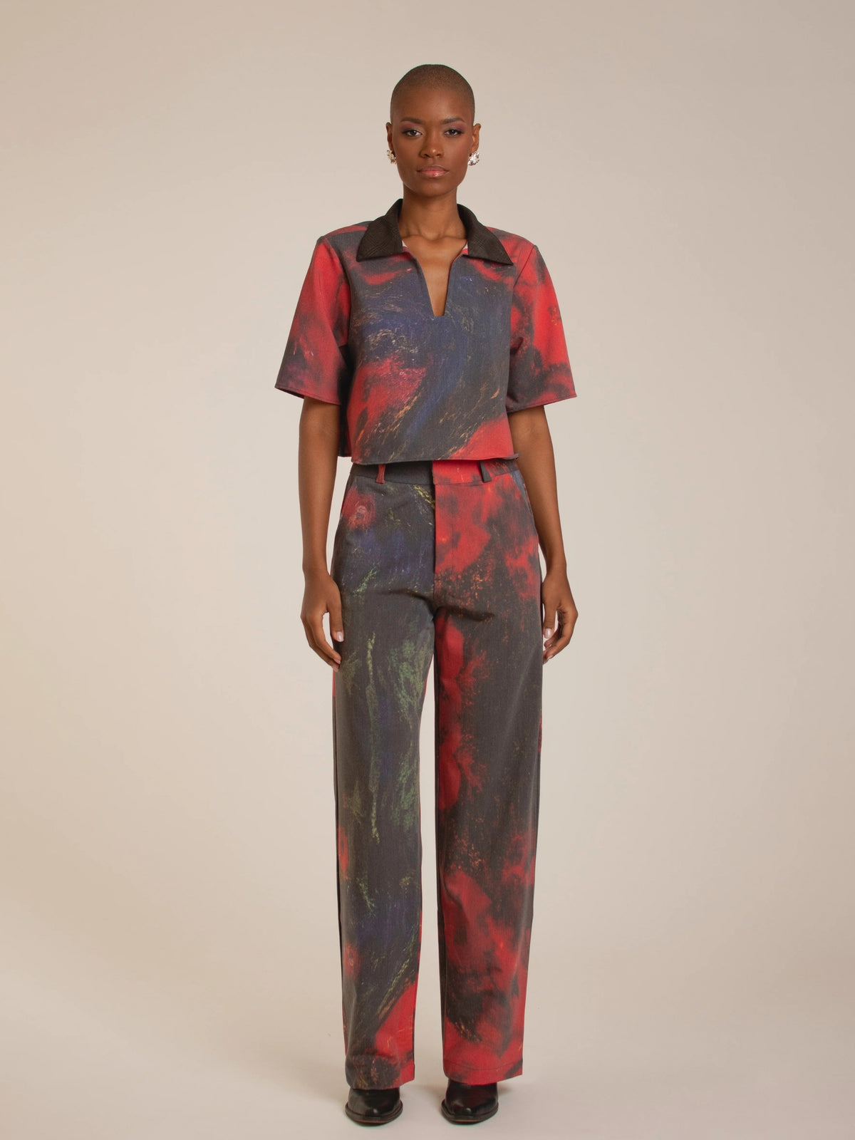 The Red Roses printed shirt and trousers by Macondia, studio front view