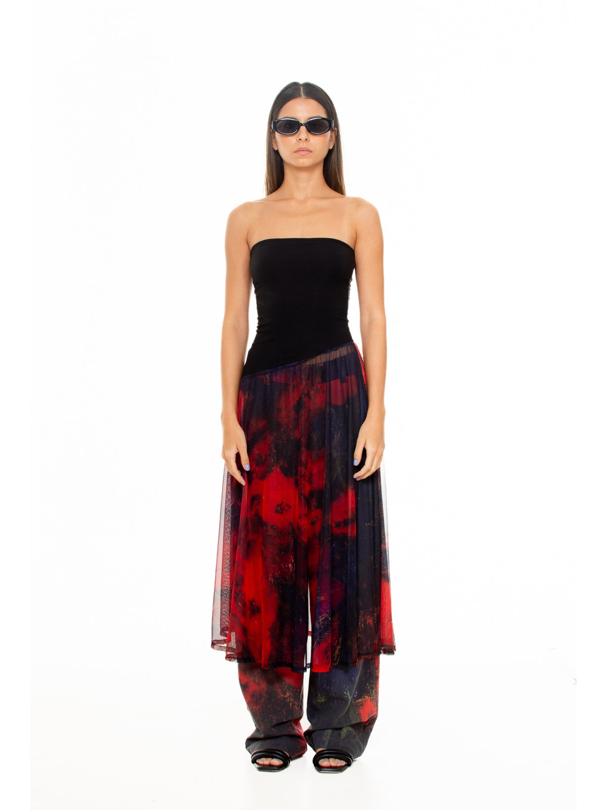 Red Roses New Sundress by Macondia: black bodice with a printed red and black rose skirt
