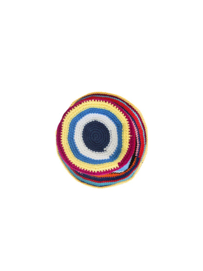 Top view of the striped Lucky Me crochet bucket hat by PÁJARA PINTA