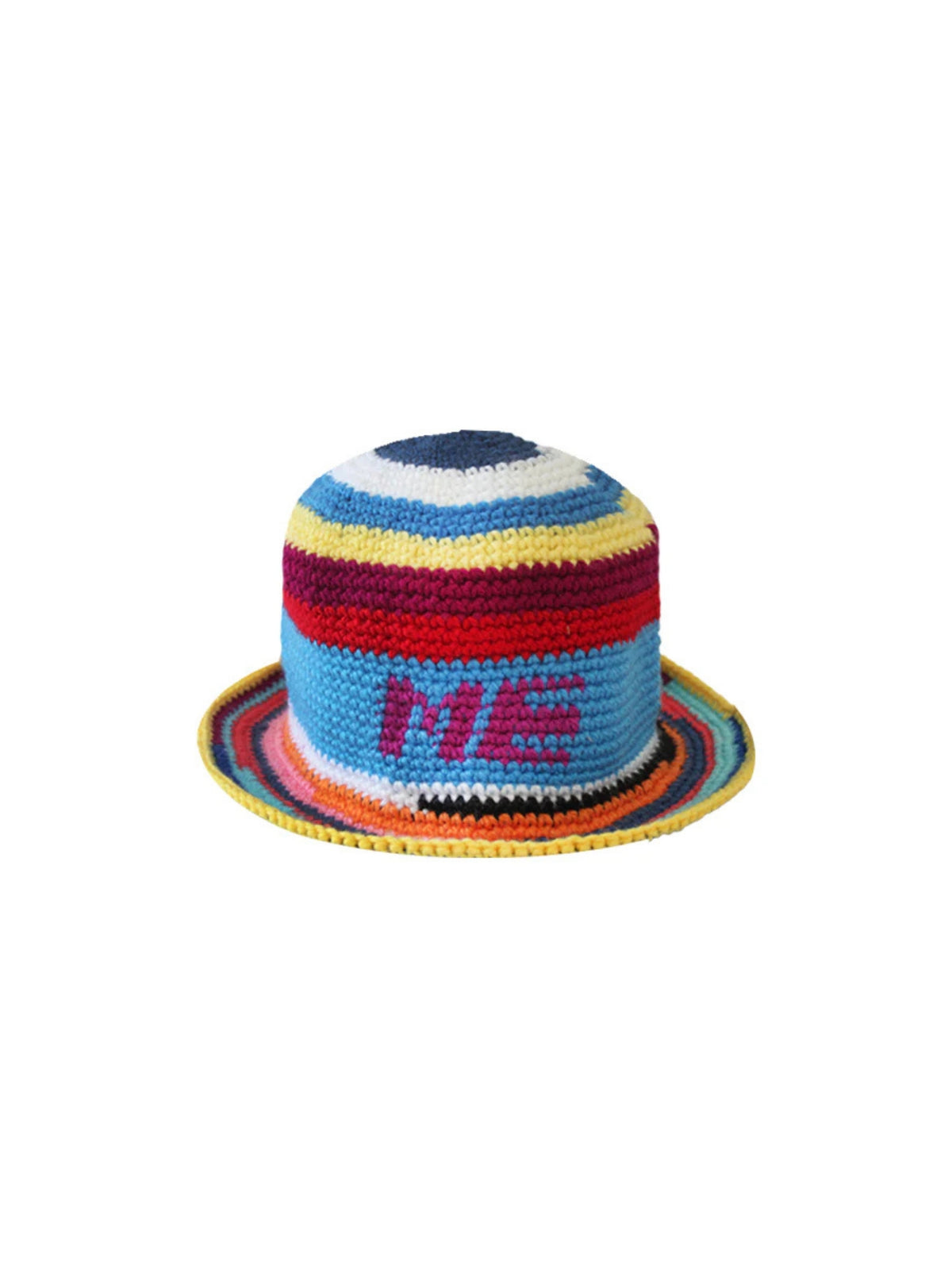 Lucky Me Crochet Hat by PÁJARA PINTA with ME worked into the brim in pink, blue and cream