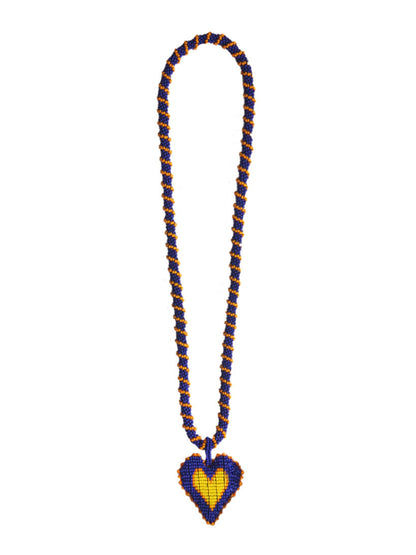 Long Lucky Me Necklace by PÁJARA PINTA: a beaded heart on a long blue and yellow beaded cord