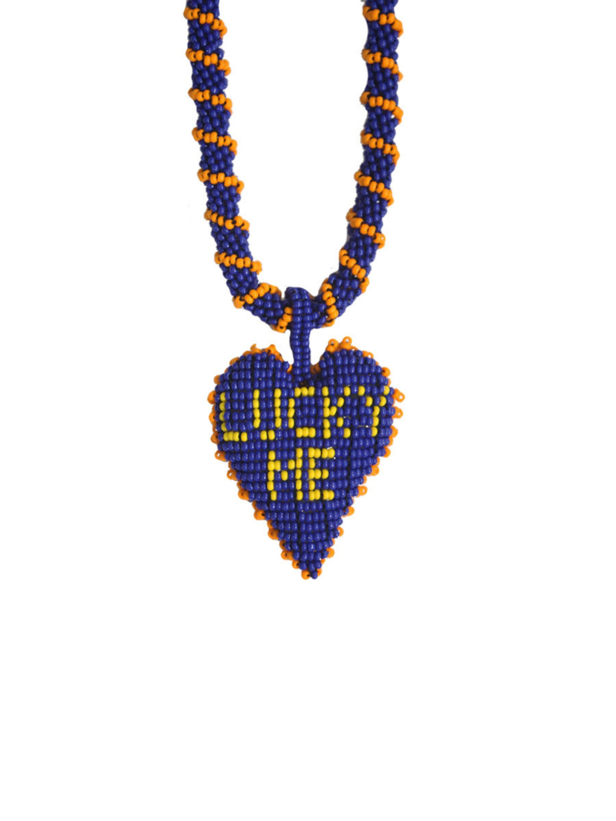 Detail of the Lucky Me heart pendant with the words picked out in yellow beads, by PÁJARA PINTA