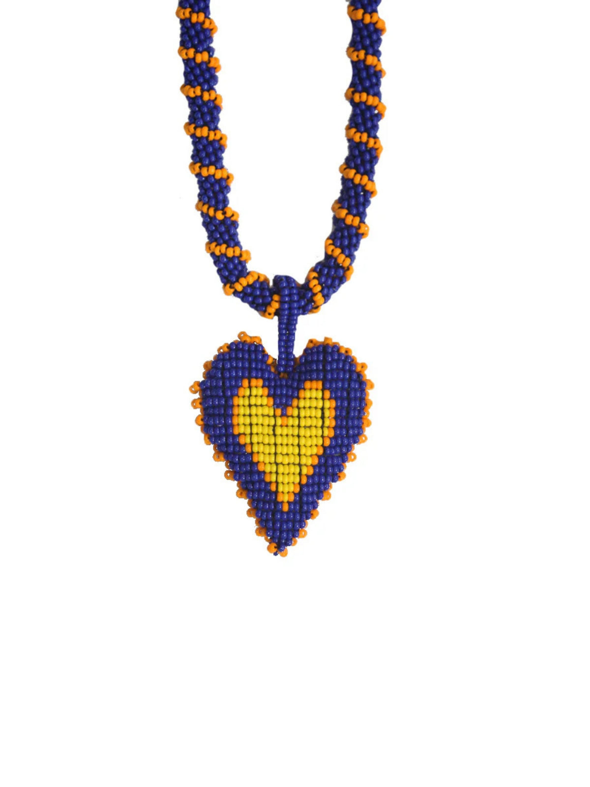 Long Lucky Me beaded heart necklace by PÁJARA PINTA, hand-beaded in Putumayo, Colombia
