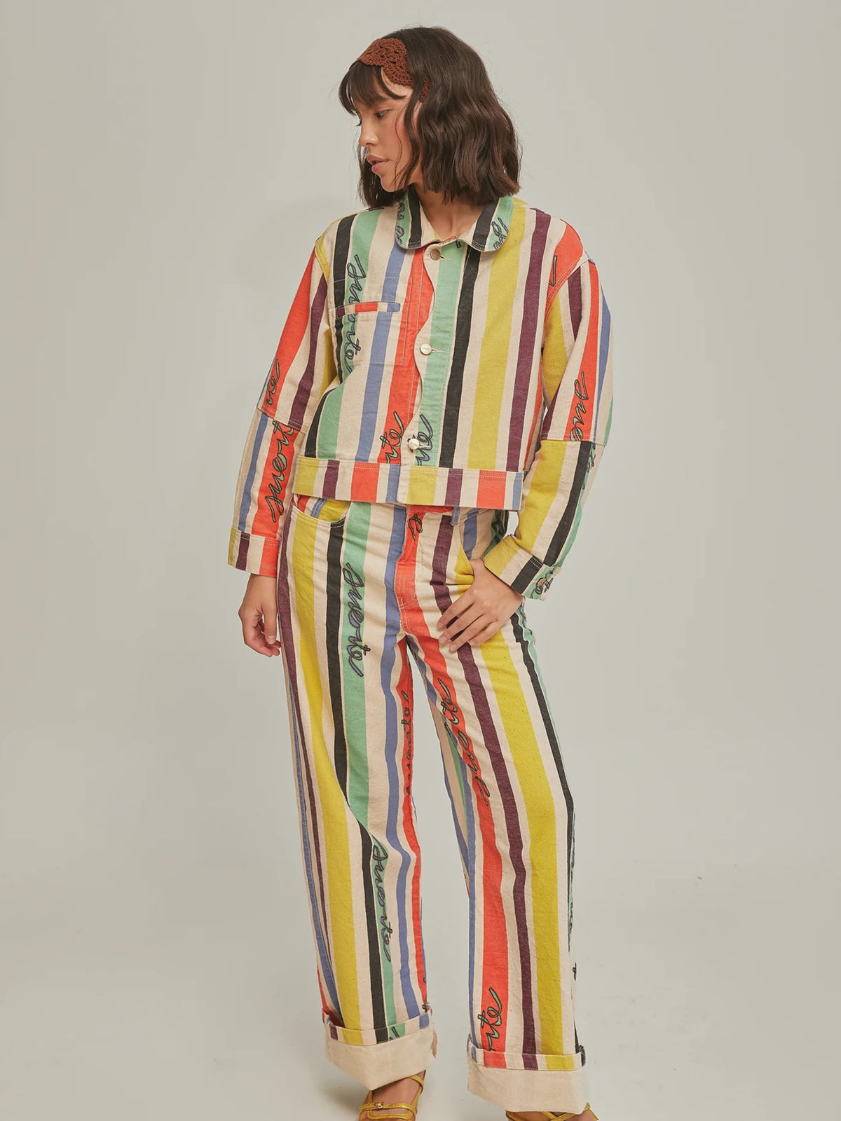 Close view of the painted stripe print on the SIXXTA Good Luck jacket collar