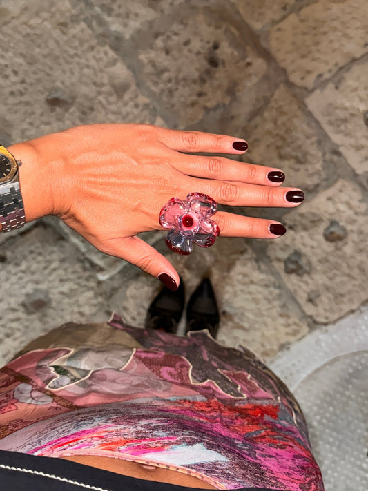 Candy Flower Ring by VOLD: a handmade glass flower ring in pink and red